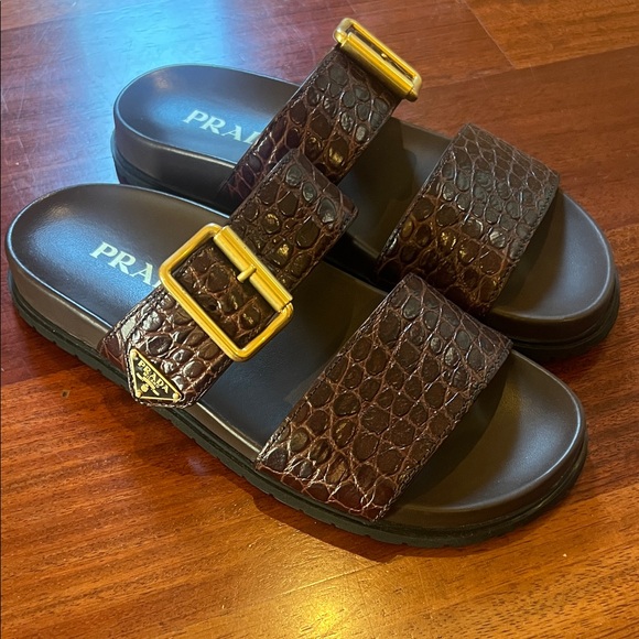 Prada Dark Brown Crocodile Pattern Slides - Picture 1 of 5